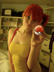 Rule 34 | 1girl, breasts, cosplay, creatures (company), denim, denim shorts, from side, game freak, misty (pokemon), nintendo, photo (medium), poke ball, pokemon, ponytail, red hair, shoes, shorts, sneakers, solo, suspenders, third-party edit