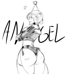 Rule 34 | 1girl, angel (kof), ass, breasts, crossed arms, highres, huge ass, large breasts, looking at viewer, looking back, midriff, monochrome, parted lips, seductive gaze, seductive smile, short hair, sideboob, smile, snk, solo, the king of fighters, thick thighs, thighs, thong, traditional media