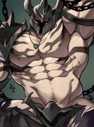 Rule 34 | 1boy, abs, ao (chung0u0), armor, armpits, bara, bare pectorals, chain, chained, chest tattoo, fake horns, groin, helmet, highres, horned helmet, horns, jewelry, large pectorals, league of legends, male focus, mordekaiser, muscular, muscular male, navel, navel hair, necklace, pants, pauldrons, pectorals, red eyes, shoulder armor, solo, tattoo, torn clothes, torn pants