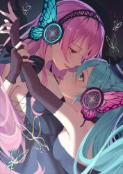 2girls absurdres black_background blue_eyes blue_hair bug butterfly butterfly_hair_ornament crying detached_sleeves dress grabbing_another&#039;s_arm hair_ornament hatsune_miku highres insect long_hair magnet_(vocaloid) megurine_luka multiple_girls nagi-negitoro nails pink_eyes serious smile tears vocaloid yuri