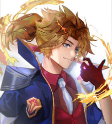 Rule 34 | 1boy, battle academia ezreal, blonde hair, blue eyes, blue jacket, closed mouth, collared shirt, ezreal, fire, gloves, grey background, grey necktie, highres, ippo kuwa, jacket, league of legends, male focus, necktie, open clothes, open jacket, parted bangs, ponytail, red gloves, red shirt, red vest, shirt, short sleeves, simple background, smile, solo, upper body, vest, white background