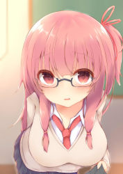 Rule 34 | 1girl, absurdres, arm behind back, bespectacled, blurry, blurry background, blush, breasts, chalkboard, classroom, commentary request, embarrassed, glasses, hair ribbon, highres, indoors, kotonoha akane, large breasts, leaning forward, long hair, long sleeves, looking at viewer, necktie, one side up, open mouth, pink eyes, pink hair, pleated skirt, red necktie, ribbon, school uniform, semi-rimless eyewear, sidelocks, skirt, solo, sorahachi (sora823), sweat, sweater, voiceroid, wavy mouth, wing collar