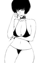 Rule 34 | 1girl, absurdres, bikini, breasts, choker, cleavage, curvy, female focus, highres, jewelry, large breasts, lgisdead, looking at viewer, monochrome, navel, needle, pendant, persona, persona 5, short hair, solo, swimsuit, takemi tae, thick thighs, thighs