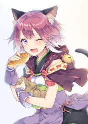 Rule 34 | 1girl, 26 (2626nishima), ;3, animal ear fluff, animal ears, bell, blush, cat ears, cat girl, cat tail, fang, food, highres, jingle bell, looking at viewer, one eye closed, open mouth, pink hair, princess connect!, purple eyes, short hair, simple background, solo, tail, taiyaki, tamaki (princess connect!), upper body, wagashi, white background