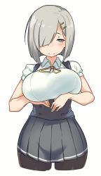 Rule 34 | 10s, 1girl, black pantyhose, blue eyes, blue skirt, blush, breast hold, breasts, closed mouth, collared shirt, corset, dress shirt, hair ornament, hair over one eye, hairclip, hamakaze (kancolle), kantai collection, kei (soundcross), large breasts, meme attire, neck ribbon, pantyhose, pleated skirt, ribbon, shirt, short hair, short sleeves, silver hair, simple background, skirt, smile, solo, underbust, virgin killer outfit, white background, yellow ribbon
