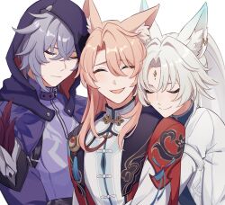 Rule 34 | 1girl, 2boys, :d, ^ ^, animal ear fluff, animal ear piercing, animal ears, blue ribbon, blue shirt, blush, cape, closed eyes, closed mouth, coat, cropped jacket, crossed bangs, ear piercing, feathers, feixiao (honkai: star rail), forehead jewel, fox ears, grey hair, hair between eyes, hair intakes, happy, high ponytail, highres, honkai: star rail, honkai (series), hood, hood up, hooded jacket, hug, jacket, jiaoqiu (honkai: star rail), lapels, long hair, long sleeves, mandarin collar, moze (honkai: star rail), multiple boys, open clothes, open coat, open mouth, parted bangs, piercing, pink hair, ponytail, purple jacket, purple shirt, raised eyebrows, red cape, ribbon, shirt, short hair, sidelocks, simple background, smile, tamayura (tmyr 0), tassel, u u, upper body, white background, white coat, white hair, white shirt