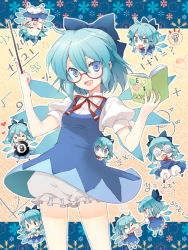 Rule 34 | &gt; &lt;, circled 9, 1girl, :&lt;, @ @, ahoge, bespectacled, bloomers, blue eyes, blue hair, blush stickers, book, bow, cirno, coke-bottle glasses, cuteg, closed eyes, fang, glasses, hair bow, matching hair/eyes, math, short hair, solo, touhou, underwear, upside-down book, wings, | |