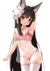 Rule 34 | 1girl, :o, absurdres, animal ear fluff, animal ears, arm up, armpits, azur lane, bare shoulders, black hair, breasts, fox ears, fox mask, highres, jewelry, long hair, looking at viewer, mask, mask on head, nagato-chan, nagato (azur lane), nagato (great fox&#039;s respite) (azur lane), navel, necklace, pajamas, panties, red panties, see-through, simple background, small breasts, solo, strap slip, thighhighs, underwear, very long hair, white background, white thighhighs, yellow eyes