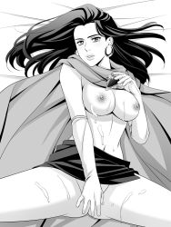 Rule 34 | 1girl, breasts, brown hair, cape, covering privates, covering crotch, cum, earrings, elbow gloves, female focus, gloves, jewelry, jojo no kimyou na bouken, lisa lisa, long hair, mature female, monochrome, necklace, nipples, solo, zero1