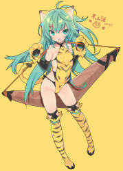 Rule 34 | 1girl, animal ear fluff, animal ears, animal hands, animal print, bare shoulders, black sleeves, blade (galaxist), blue eyes, blush, boomerang, cham cham, detached sleeves, full body, gloves, green hair, hair between eyes, hands up, leotard, long hair, long sleeves, looking at viewer, open mouth, paw gloves, print leotard, print thighhighs, samurai spirits, simple background, solo, striped clothes, striped thighhighs, tail, thighhighs, tiger ears, tiger girl, tiger print, tiger tail, translation request, very long hair, yellow background, yellow gloves, yellow leotard, yellow thighhighs