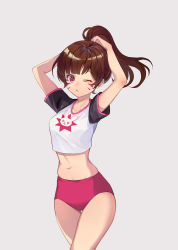Rule 34 | + +, 1girl, ;o, absurdres, arms up, breasts, brown hair, buruma, collarbone, cowboy shot, crop top, d.va (overwatch), facial mark, grey background, highres, long hair, looking at viewer, maoshinian1, medium breasts, midriff, navel, one eye closed, open mouth, overwatch, overwatch 1, pink buruma, pink eyes, ponytail, raglan sleeves, shirt, short sleeves, sidelocks, simple background, solo, thigh gap, thighs, tying hair, white shirt