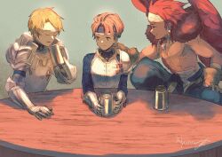 Rule 34 | 3boys, armor, brown gloves, brown hair, canopus wolph, character request, closed mouth, cup, denim powell, feathered wings, gloves, headband, highres, holding, holding cup, male focus, miyama (lacrima01), multiple boys, open mouth, red hair, short hair, smile, table, tactics ogre, topless male, wings