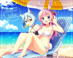 Rule 34 | 2girls, :3, :d, animal ears, aoi yun, arm up, bare arms, bare legs, bare shoulders, barefoot, beach, beach chair, beach umbrella, bikini, black bikini, blue bikini, blue eyes, blue hair, blue sky, blush, breasts, brown eyes, cat ears, cleavage, cloud, collarbone, commentary request, criss-cross halter, day, fang, flat chest, flower, food, food in mouth, hair between eyes, hair flower, hair ornament, halterneck, head tilt, heterochromia, horizon, jewelry, large breasts, long hair, looking at viewer, mouth hold, multiple girls, navel, necklace, ocean, open mouth, original, outdoors, pink hair, popsicle, rabbit ears, rabbit girl, rabbit tail, sand, shade, side-tie bikini bottom, sky, smile, star (symbol), striped, swimsuit, tail, tareme, umbrella, waving, white bikini