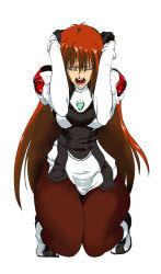 Rule 34 | 1girl, asahikawa, crying, elhaym van houten, closed eyes, legs, long hair, open mouth, pantyhose, red hair, scared, solo, tears, thick thighs, thighs, xenogears