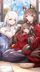 Rule 34 | 3girls, absurdres, aged down, amagi-chan (azur lane), amagi (azur lane), animal ear fluff, animal ears, azur lane, bare shoulders, black bridal gauntlets, blue sky, blunt bangs, breasts, bridal gauntlets, brown hair, choker, cleavage, cloud, cloudy sky, collarbone, commentary request, eating, food, fox ears, fox girl, fox tail, hair ornament, highres, holding, holding food, hug, hug from behind, japanese clothes, kimono, kitsune, kyuubi, large breasts, long hair, long sleeves, looking at viewer, multiple girls, multiple tails, name connection, off shoulder, parted lips, purple eyes, rope, sakura mochi, samip, shimenawa, shinano (azur lane), shouji, sidelocks, silver hair, sitting, sky, sliding doors, tail, tatami, thick eyebrows, twintails, wagashi, wariza, wide sleeves