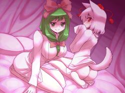 Rule 34 | 2girls, animal ears, ass, bare legs, barefoot, blush, bow, breasts, commentary request, dress shirt, embarrassed, feet, frilled ribbon, frills, front ponytail, green eyes, green hair, hair bow, hair ribbon, hat, indoors, inubashiri momiji, kagiyama hina, large breasts, long hair, mono (moiky), multiple girls, naked shirt, pink theme, red bow, red eyes, red ribbon, ribbon, seiza, shirt, short hair, sitting, smile, tail, tokin hat, touhou, wariza, wet, wet clothes, white hair, wolf ears, wolf tail