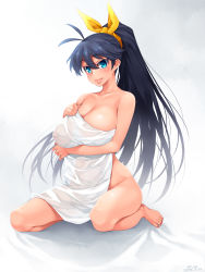 Rule 34 | 1girl, antenna hair, barefoot, black hair, blue eyes, blush, bow, breasts, cleavage, closed mouth, collarbone, covered erect nipples, covering privates, dated, fang, fang out, full body, ganaha hibiki, hair between eyes, hair bow, hair ribbon, happa (cloverppd), head tilt, highres, idolmaster, idolmaster (classic), large breasts, lips, long hair, looking at viewer, naked towel, nude cover, ponytail, ribbon, signature, sitting, solo, towel, very long hair, wariza, yellow ribbon