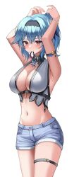 Rule 34 | 1girl, adapted costume, alternate hairstyle, armband, armpit crease, armpits, arms up, black hairband, blue hair, blue shorts, blush, bracelet, breasts, brown eyes, closed mouth, cowboy shot, denim, denim shorts, eula (genshin impact), genshin impact, hair between eyes, hair ornament, hair tie in mouth, hairband, hands up, highres, jewelry, large breasts, looking at viewer, medium hair, mouth hold, navel, pearl bracelet, seemu (wnslqjdignv ), short shorts, shorts, sidelocks, simple background, smile, solo, stomach, swimsuit, thigh strap, white background