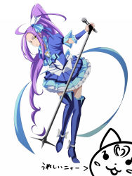 Rule 34 | 10s, 1girl, ahoge, blue dress, blue footwear, blue skirt, blue thighhighs, boots, cure beat, dress, expressionless, eyelashes, frilled dress, frilled skirt, frills, full body, hair ornament, hair ribbon, heart, high heels, highres, hummy (suite precure), jabara tornado, kurokawa eren, long hair, looking at viewer, magical girl, microphone, ponytail, precure, puffy sleeves, purple hair, ribbon, seiren (suite precure), side ponytail, simple background, sketch, skirt, solo, standing, suite precure, thigh boots, thighhighs, translation request, very long hair, white background, wrist cuffs, yellow eyes