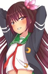 Rule 34 | 1girl, arms behind head, black jacket, brown hair, crescent, crescent pin, green sailor collar, hair ornament, highres, jacket, kantai collection, kisaragi (kancolle), long hair, looking at viewer, navel, neckerchief, parted lips, po0000000000, purple eyes, red neckerchief, sailor collar, school uniform, serafuku, simple background, smile, solo, upper body, white background