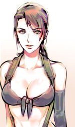 Rule 34 | 1girl, bikini, black bikini, black gloves, breasts, brown background, brown hair, cleavage, collarbone, elbow gloves, front-tie bikini top, front-tie top, gloves, gradient background, green eyes, large breasts, looking at viewer, metal gear (series), metal gear solid v: the phantom pain, open mouth, ponytail, quiet (metal gear), single elbow glove, solo, suspenders, swimsuit, upper body, white background, yurizuka (sergeant heart)