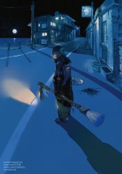 Rule 34 | 1girl, black sky, blue hair, blue theme, broom, from side, glasses, holding, hood, hood down, hooded jacket, jacket, lantern, looking at viewer, looking to the side, night, night sky, original, profile, road, short hair, sky, solo, standing, ukumo uichi, witch