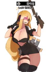 Rule 34 | 00s, 1girl, adjusting eyewear, bad id, bad pixiv id, black gloves, black thighhighs, blonde hair, breasts, cleavage, dungeon and fighter, female focus, female gunner (dungeon and fighter), female spitfire (dungeon and fighter), gloves, gun, happening18, headset, holster, korean text, large breasts, long hair, magazine (weapon), microphone, pink-tinted eyewear, rifle, scouter, simple background, solo, thigh holster, thighhighs, tinted eyewear, triangle mouth, weapon, white background