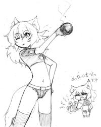 Rule 34 | 1girl, animal ears, camel (dansen), female focus, midriff, monochrome, navel, one eye closed, original, sachiho, solo, tail, thighhighs, wolf ears, wolf tail