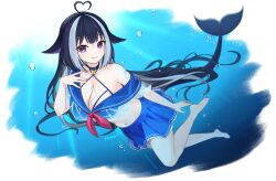 Rule 34 | 1girl, absurdres, ahoge, animal ears, belt collar, black hair, blue collar, blue sailor collar, blue skirt, breasts, cetacean tail, cleavage, closed mouth, collar, fins, fish tail, heart, heart ahoge, highres, himari (himari ttc), indie virtual youtuber, large breasts, long hair, looking at viewer, multicolored hair, navel, orca girl, red ribbon, ribbon, sailor collar, shylily, shylily (1st costume), skirt, smile, solo, streaked hair, swimming, tail, underwater, virtual youtuber, white hair