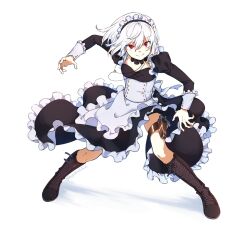 Rule 34 | &gt;:), 1girl, accelerator (toaru majutsu no index), albino, ambiguous gender, androgynous, apron, black collar, black dress, black footwear, boots, bow, collar, corset, cross-laced footwear, dress, dress bow, electrodes, flat chest, frilled apron, frilled collar, frilled dress, frills, full body, genderswap, genderswap (mtf), gun, hand up, handgun, highres, holster, holstered, hopetrash555, knee boots, knees, lace-up boots, long sleeves, looking at viewer, maid, maid headdress, pale skin, puffy sleeves, red eyes, sanpaku, shadow, short hair, signature, smile, solo, standing, suzushina yuriko, thigh holster, toaru majutsu no index, v-shaped eyebrows, waist apron, weapon, white apron, white background, white hair, wind, wind lift, wrist cuffs