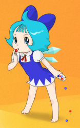 Rule 34 | 1970s (style), barefoot, blue eyes, blue hair, candy, cirno, f0360, fairy, food, fushigi na merumo, ice, ice wings, looking at viewer, miracle candy, oldschool, open mouth, retro artstyle, short hair, simple background, tezuka osamu (style), touhou, wings