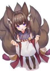 Rule 34 | 1girl, :o, absurdres, amagi-chan (azur lane), animal ears, azur lane, blunt bangs, brown hair, chan&#039;nu, claw pose, commentary request, detached sleeves, eyes visible through hair, eyeshadow, fox ears, fox girl, fox tail, from above, full body, highres, japanese clothes, kimono, kitsune, kyuubi, long hair, looking at viewer, looking up, makeup, manjuu (azur lane), multiple tails, off shoulder, purple eyes, rope, shimenawa, sidelocks, simple background, solo, standing, tail, thick eyebrows, twintails, white background, wide hips