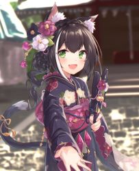 Rule 34 | 1girl, :d, animal ear fluff, animal ears, black flower, black hair, black kimono, blurry, blurry background, blush, braid, cat ears, cat girl, cat tail, commentary request, crown braid, depth of field, fang, floral print, flower, green eyes, hair between eyes, hair bun, hair flower, hair ornament, highres, holding, japanese clothes, karyl (new year) (princess connect!), karyl (princess connect!), kimono, long hair, long sleeves, multicolored hair, namaonpa, obi, open mouth, princess connect!, print kimono, red flower, ribbon, ringlets, sash, single hair bun, sleeves past wrists, smile, solo, stairs, stone stairs, streaked hair, tail, tail ornament, tail ribbon, white flower, white hair, wide sleeves, yellow ribbon