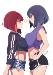 Rule 34 | 2girls, alternate breast size, arima kana, asymmetrical docking, black shorts, blue eyes, blue hair, brand name imitation, breast press, breasts, clenched hand, closed mouth, crop top, cropped sweater, cutoffs, denim, denim shorts, face-to-face, feca, from side, glaring, hand on own hip, highres, kurokawa akane, large breasts, lightning glare, looking at another, medium breasts, multiple girls, oshi no ko, red eyes, red hair, short hair, short shorts, shorts, side-tie shorts