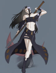 Rule 34 | 1boy, ark1478, bare shoulders, belt, boots, choker, fingerless gloves, gloves, guilty gear, guilty gear xx, highres, holding, holding weapon, long hair, midriff, pale skin, red eyes, scythe, skirt, solo focus, straight hair, testament (guilty gear), thigh strap, weapon