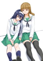 Rule 34 | 2girls, absurdres, against wall, black hair, black neckerchief, black socks, blouse, blue socks, blunt bangs, brown eyes, brown footwear, closed mouth, commentary request, dutch angle, girls und panzer, green skirt, hairband, half-closed eyes, highres, kneehighs, kuppipi ramutarou, leaning back, leaning on person, light smile, loafers, long hair, long sleeves, miniskirt, multiple girls, neckerchief, ooarai school uniform, orange eyes, orange hair, own hands together, parted lips, pleated skirt, reizei mako, school uniform, serafuku, shirt, shoes, side-by-side, simple background, sitting, skirt, sleepy, socks, takebe saori, thighhighs, white background, white hairband, white shirt