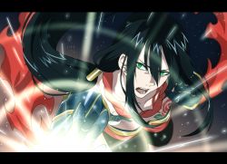 Rule 34 | 1boy, black hair, chest tattoo, fate/grand order, fate (series), green eyes, gyuunyuu (060828), lens flare, letterboxed, long hair, male focus, nagatekkou, open palm, ponytail, scarf, topless male, solo, tattoo, yan qing (fate)