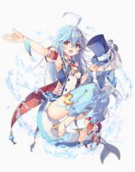 Rule 34 | 1girl, ahoge, blue hair, blue hat, blue legwear, cetacean tail, character request, fins, fish tail, hat, high heels, light blue hair, looking at viewer, open mouth, orange eyes, outstretched arm, outstretched hand, rento (rukeai), shark girl, shironeko project, simple background, smile, swimsuit, tail, top hat, twitter username, water