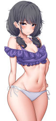 Rule 34 | 1girl, absurdres, bare shoulders, bikini, black hair, blue eyes, blush, breasts, cleavage, closed mouth, collarbone, cowboy shot, frilled bikini, frills, hand on own hip, highres, idolmaster, idolmaster shiny colors, kazano hiori, landel, long hair, looking at viewer, low twintails, mismatched bikini, mole, mole under eye, navel, off-shoulder bikini, off shoulder, purple bikini, ribbon, side-tie bikini bottom, simple background, small breasts, stomach, swimsuit, twintails, white background, white bikini, white ribbon