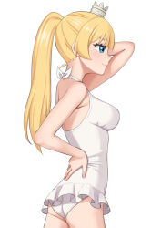 Rule 34 | 1girl, arm behind head, armpits, ass, bikini, blonde hair, blue eyes, blush, breasts, closed mouth, crown, easy (aqk7bdqt), feet out of frame, frilled one-piece swimsuit, frills, from side, hand on own hip, hime-sama &quot;goumon&quot; no jikan desu, hime (himesama goumon), long hair, looking ahead, medium breasts, mini crown, one-piece swimsuit, ponytail, sideboob, simple background, solo, swimsuit, white background, white bikini, white one-piece swimsuit