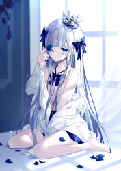 Rule 34 | 1girl, bare arms, bare shoulders, barefoot, blue bow, blue bowtie, blue eyes, blue nails, bow, bowtie, breasts, crown, eyepatch, grey hair, hair ornament, kazunehaka, long hair, looking at viewer, open mouth, original, shirt, small breasts, solo, very long hair
