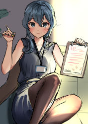 Rule 34 | 1girl, alternate costume, black pantyhose, blue eyes, blue hair, blue nails, blush, breasts, clipboard, closed mouth, commentary request, couch, gotland (kancolle), hair between eyes, highres, holding, holding clipboard, holding pen, id card, kantai collection, looking at viewer, mole, mole under eye, nail polish, osananajimi neko, pantyhose, pen, shirt, sitting, skirt, sleeveless, sleeveless shirt, solo