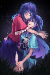 Rule 34 | 2girls, arms around neck, bdsm, black eyes, blouse, blue eyes, blue hair, bondage, bound, bound wrists, dark background, eye contact, hand on another&#039;s ass, hand on another&#039;s thigh, hug, kaku seiga, looking at another, miniskirt, miyako yoshika, multiple girls, night, night sky, open mouth, outdoors, puffy short sleeves, puffy sleeves, shirt, short sleeves, side slit, skirt, sky, smile, star (sky), starry sky, touhou, upper body, yekong, yuri