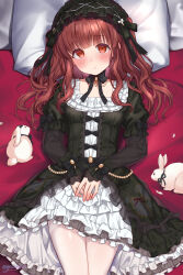 Rule 34 | 1girl, :o, alternate hairstyle, blush, chiyosuke (nosuke21), frills, gothic lolita, hairband, highres, idolmaster, idolmaster cinderella girls, idolmaster cinderella girls starlight stage, lolita fashion, looking at viewer, ogata chieri, on bed, pillow, rabbit, red eyes, red hair, ribbon, solo, thighhighs, two side up, white thighhighs