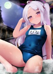 Rule 34 | 1girl, black halo, blue archive, blue one-piece swimsuit, breasts, covered navel, full moon, halo, highres, hina (blue archive), hina (swimsuit) (blue archive), kuro yanagi, long hair, looking at viewer, moon, night, night sky, official alternate costume, old school swimsuit, one-piece swimsuit, onsen, outdoors, partially submerged, pink eyes, school swimsuit, sitting, sky, small breasts, solo, steam, swimsuit, thighs, water, wet, white hair