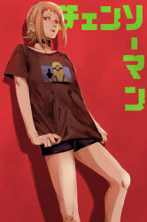 Rule 34 | 1girl, absurdres, blonde hair, chainsaw man, clothes pull, ear piercing, forked tongue, highres, knew nothing, looking at viewer, minion (despicable me), piercing, red background, red eyes, sawatari akane (chainsaw man), shirt pull, short hair, shorts, sidelocks, simple background, slit pupils, solo, tongue, tongue out