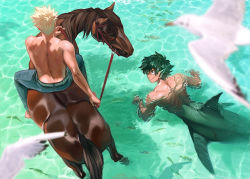 Rule 34 | 2boys, alternate universe, animal, artist name, ass, bakugou katsuki, barefoot, bird, blonde hair, blue pants, blurry, boku no hero academia, caustics, closed mouth, commentary, day, denim, depth of field, english commentary, fins, fish, freckles, from above, from behind, green eyes, green hair, holding, holding reins, horse, horseback riding, jeans, looking at another, male focus, merman, midoriya izuku, monster boy, monsterification, multiple boys, outdoors, pants, pointy ears, reins, riding, scar, seagull, shapooda, short hair, sitting, smile, spiked hair, swimming, topless male, twitter username, water
