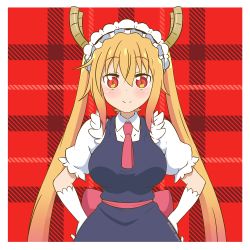 Rule 34 | 1girl, artsy-rc, blush, closed mouth, collared shirt, dated, dragon horns, dress, gloves, gradient hair, grey dress, hands on own hips, horns, kobayashi-san chi no maidragon, long hair, looking at viewer, maid, maid headdress, multicolored hair, necktie, plaid, plaid background, puffy short sleeves, puffy sleeves, red background, red eyes, red necktie, sash, shirt, short sleeves, signature, slit pupils, smile, solo, tohru (maidragon), twintails, white gloves, wing collar