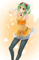 Rule 34 | 1girl, black pantyhose, brooch, goggles, goggles on head, green eyes, green hair, gumi, headset, highres, jewelry, matching hair/eyes, mins (minevi), navel, pantyhose, see-through, short hair, skirt, sleeveless, smile, solo, star (symbol), vocaloid, wrist cuffs