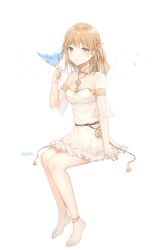 Rule 34 | 1girl, anklet, armlet, artist name, bare shoulders, barefoot, bird, bird on hand, breasts, brown eyes, choker, dress, fingernails, frilled skirt, frills, full body, hair between eyes, hair ribbon, hayenzis(haenjisu), jewelry, light brown hair, looking at viewer, medium breasts, medium hair, nail polish, necklace, original, parted lips, pendant, pink nails, ribbon, side ponytail, simple background, sitting, skirt, sleeveless, sleeveless dress, solo, strapless, strapless dress, tassel, toenails, white background, white dress